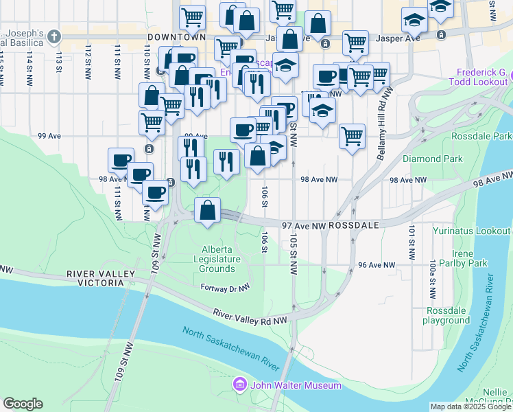 map of restaurants, bars, coffee shops, grocery stores, and more near 9745 106 Street in Edmonton