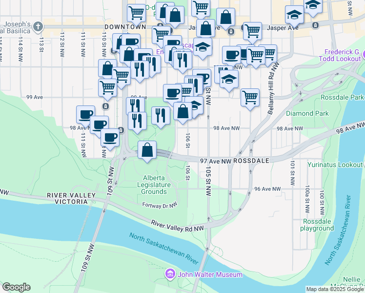 map of restaurants, bars, coffee shops, grocery stores, and more near 9745 106 Street in Edmonton