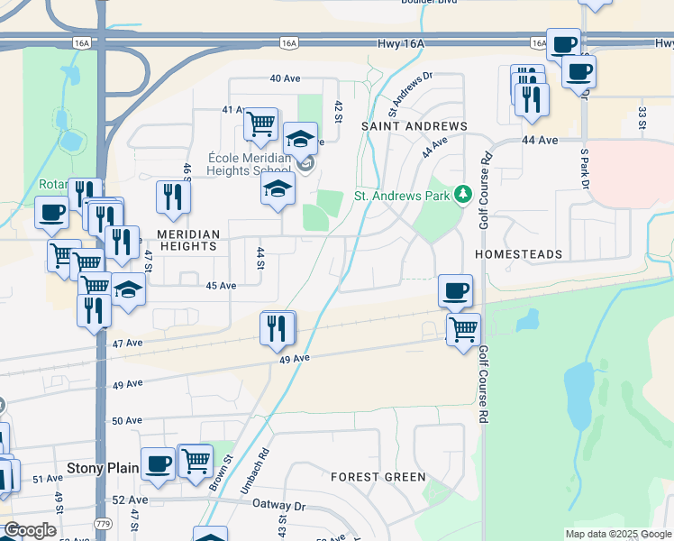 map of restaurants, bars, coffee shops, grocery stores, and more near 1 Aberdeen Way in Stony Plain