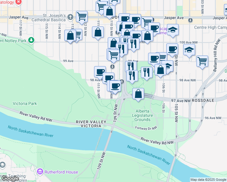 map of restaurants, bars, coffee shops, grocery stores, and more near 10915 98 Avenue Northwest in Edmonton