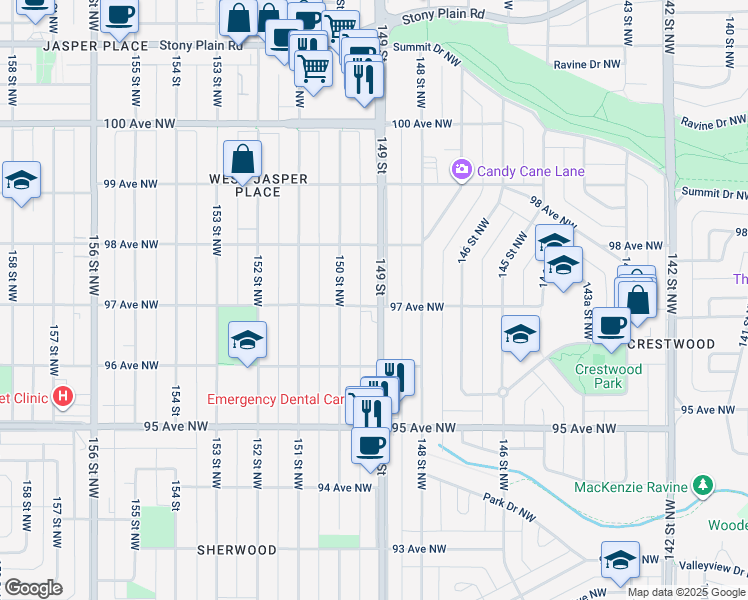 map of restaurants, bars, coffee shops, grocery stores, and more near 9712 149 Street Northwest in Edmonton