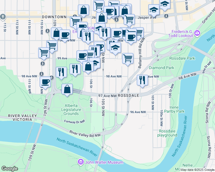 map of restaurants, bars, coffee shops, grocery stores, and more near 9731 105 Street Northwest in Edmonton