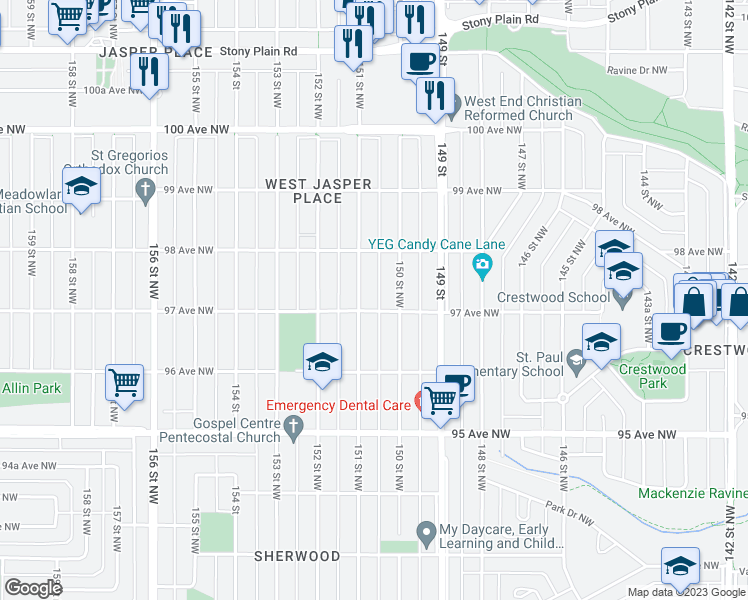 map of restaurants, bars, coffee shops, grocery stores, and more near 9707 151 Street Northwest in Edmonton