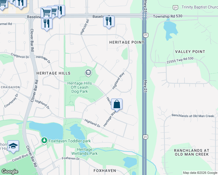 map of restaurants, bars, coffee shops, grocery stores, and more near 165 Highland Way in Sherwood Park