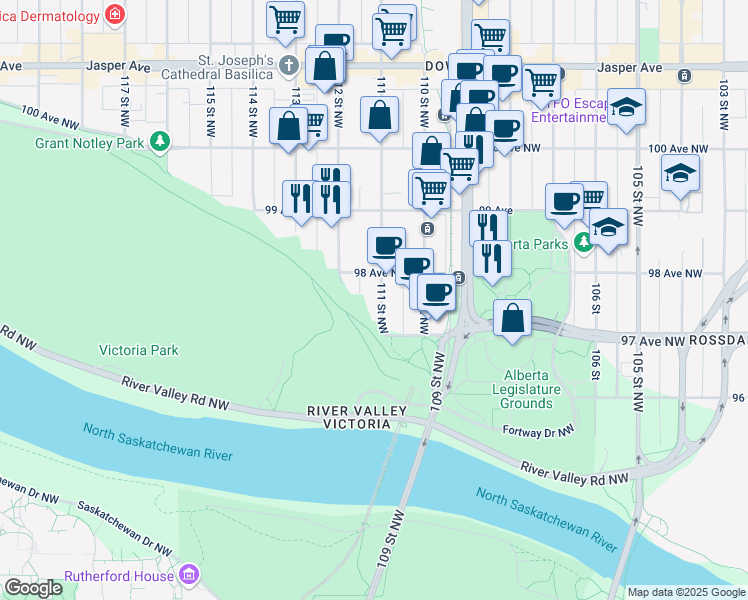 map of restaurants, bars, coffee shops, grocery stores, and more near 9728 111 Street Northwest in Edmonton