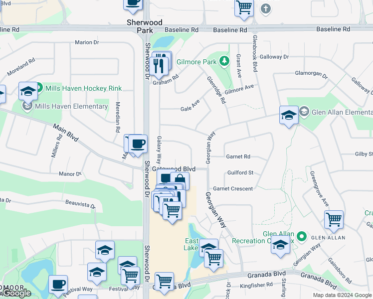 map of restaurants, bars, coffee shops, grocery stores, and more near 12 Glacier Crescent in Sherwood Park