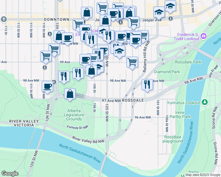 map of restaurants, bars, coffee shops, grocery stores, and more near 9731 105 Street Northwest in Edmonton