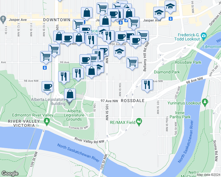 map of restaurants, bars, coffee shops, grocery stores, and more near 9731 105 Street Northwest in Edmonton