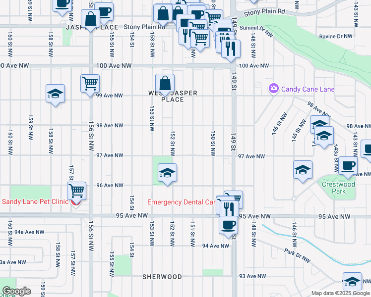 map of restaurants, bars, coffee shops, grocery stores, and more near 9707 151 Street Northwest in Edmonton