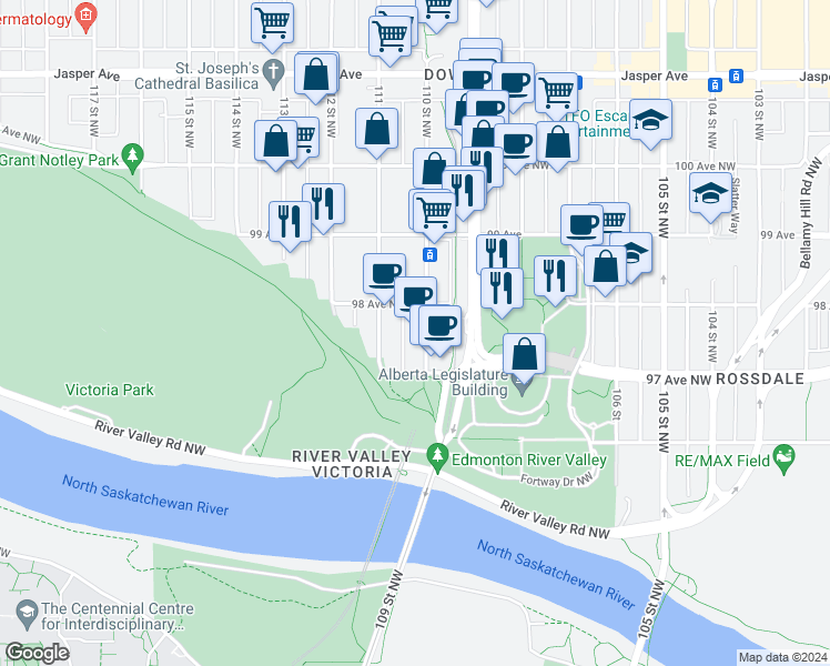 map of restaurants, bars, coffee shops, grocery stores, and more near 9728 110 Street Northwest in Edmonton