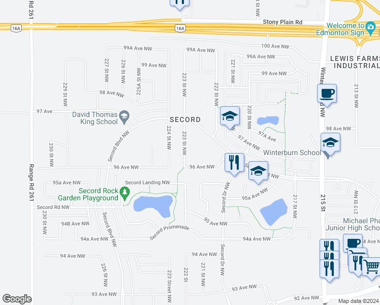 map of restaurants, bars, coffee shops, grocery stores, and more near 9639 223 Street Northwest in Edmonton