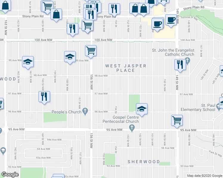 map of restaurants, bars, coffee shops, grocery stores, and more near 9714 154 Street in Edmonton