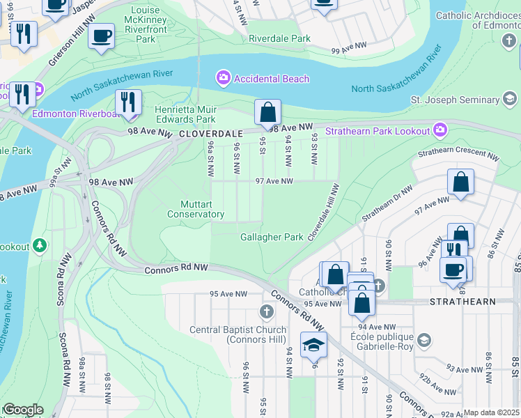 map of restaurants, bars, coffee shops, grocery stores, and more near 9620 95 Street in Edmonton