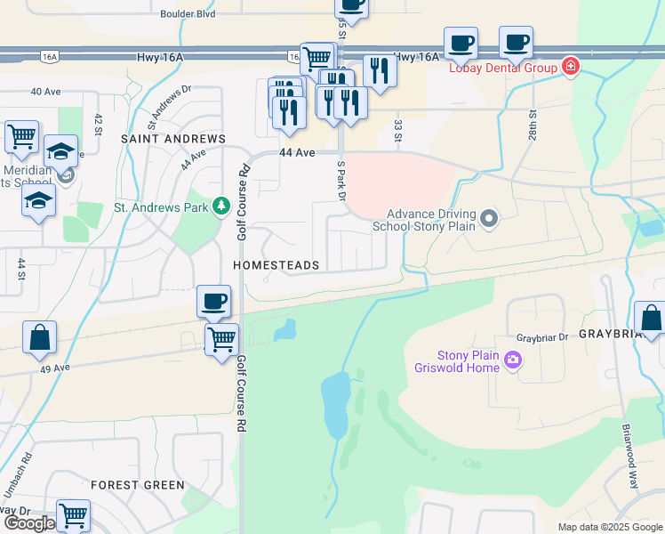 map of restaurants, bars, coffee shops, grocery stores, and more near 151 Brookview Way in Stony Plain