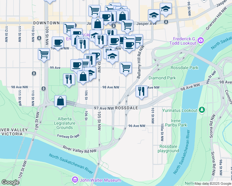 map of restaurants, bars, coffee shops, grocery stores, and more near 9747 104 Street Northwest in Edmonton