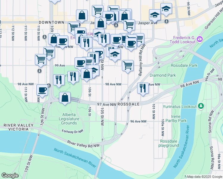 map of restaurants, bars, coffee shops, grocery stores, and more near 9731 105 Street Northwest in Edmonton
