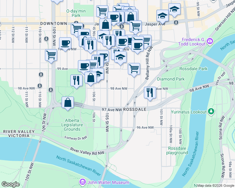 map of restaurants, bars, coffee shops, grocery stores, and more near 9747 104 Street Northwest in Edmonton