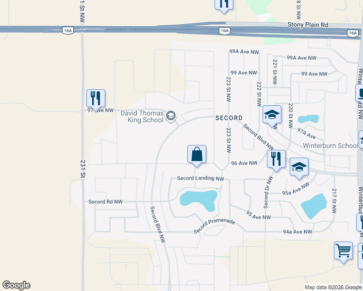 map of restaurants, bars, coffee shops, grocery stores, and more near 615 Secord Boulevard Northwest in Edmonton