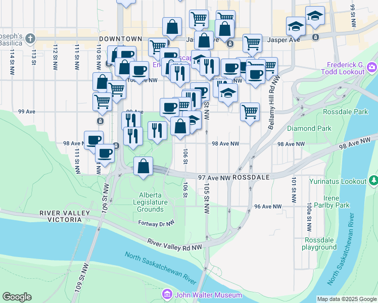 map of restaurants, bars, coffee shops, grocery stores, and more near 9745 106 Street in Edmonton