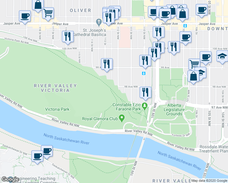 map of restaurants, bars, coffee shops, grocery stores, and more near 9957 112 Street Northwest in Edmonton