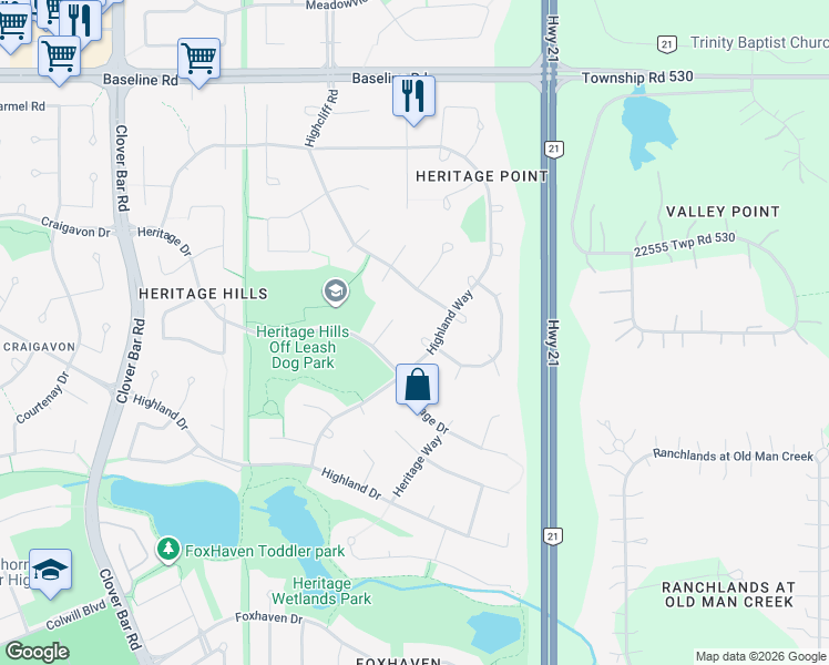 map of restaurants, bars, coffee shops, grocery stores, and more near 165 Highland Way in Sherwood Park
