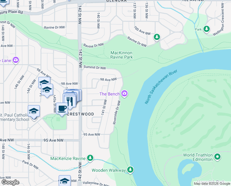 map of restaurants, bars, coffee shops, grocery stores, and more near 9712 Riverside Drive Northwest in Edmonton
