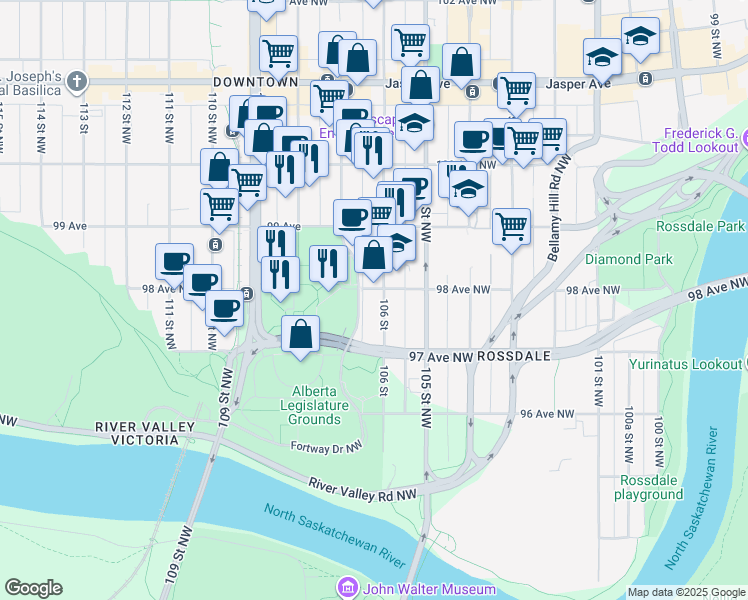 map of restaurants, bars, coffee shops, grocery stores, and more near 9745 106 Street in Edmonton