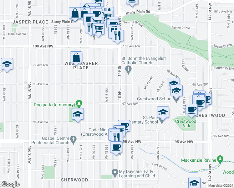 map of restaurants, bars, coffee shops, grocery stores, and more near 9720 149 Street Northwest in Edmonton