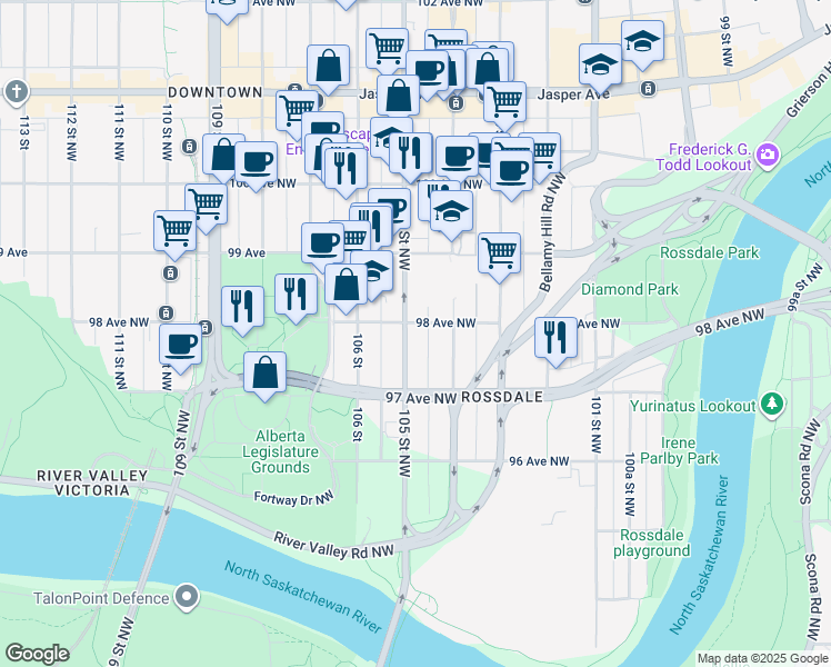 map of restaurants, bars, coffee shops, grocery stores, and more near 9731 105 Street Northwest in Edmonton
