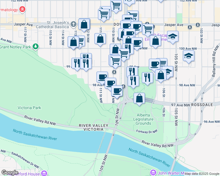 map of restaurants, bars, coffee shops, grocery stores, and more near 9728 110 Street Northwest in Edmonton