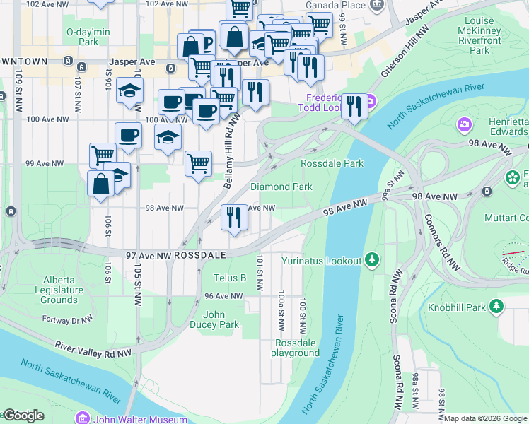map of restaurants, bars, coffee shops, grocery stores, and more near 9729 101 Street Northwest in Edmonton