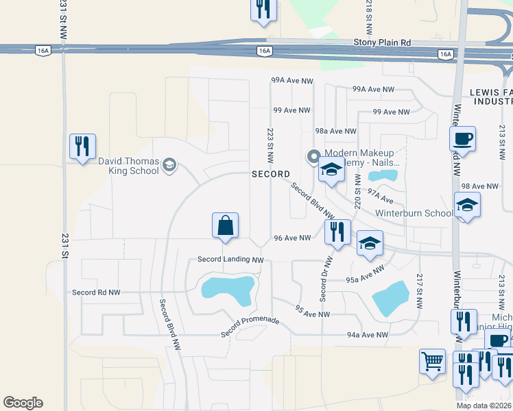 map of restaurants, bars, coffee shops, grocery stores, and more near 9627 224 Street Northwest in Edmonton
