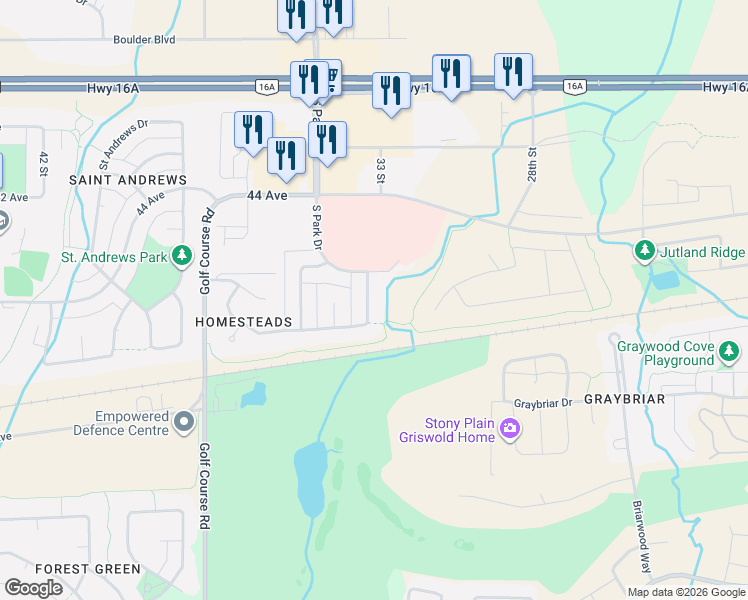 map of restaurants, bars, coffee shops, grocery stores, and more near 212 Brookview Way in Stony Plain