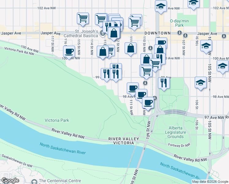 map of restaurants, bars, coffee shops, grocery stores, and more near 9828 112 Street Northwest in Edmonton