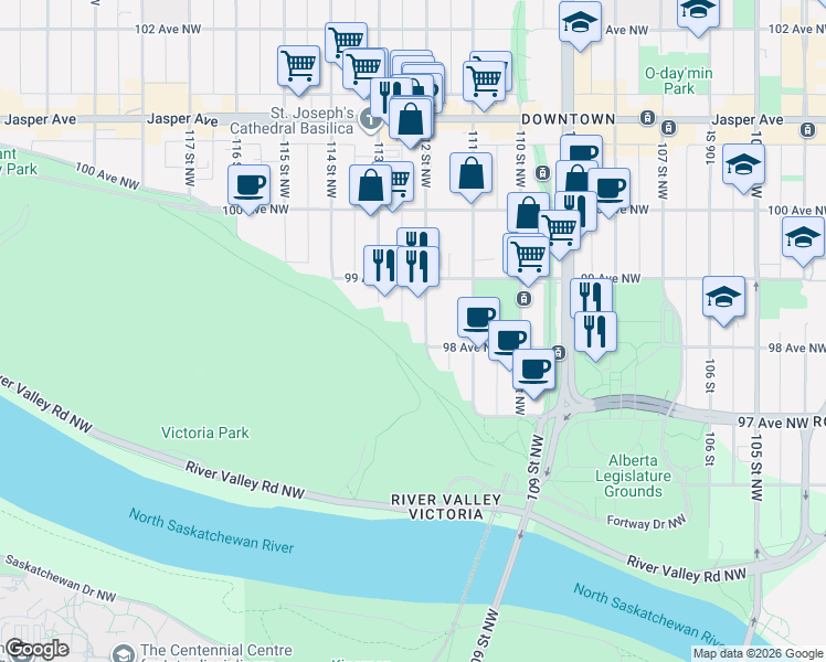 map of restaurants, bars, coffee shops, grocery stores, and more near 9835 112 Street Northwest in Edmonton