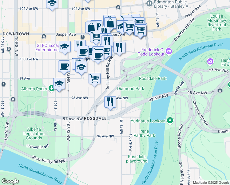 map of restaurants, bars, coffee shops, grocery stores, and more near 9804 101 Street Northwest in Edmonton