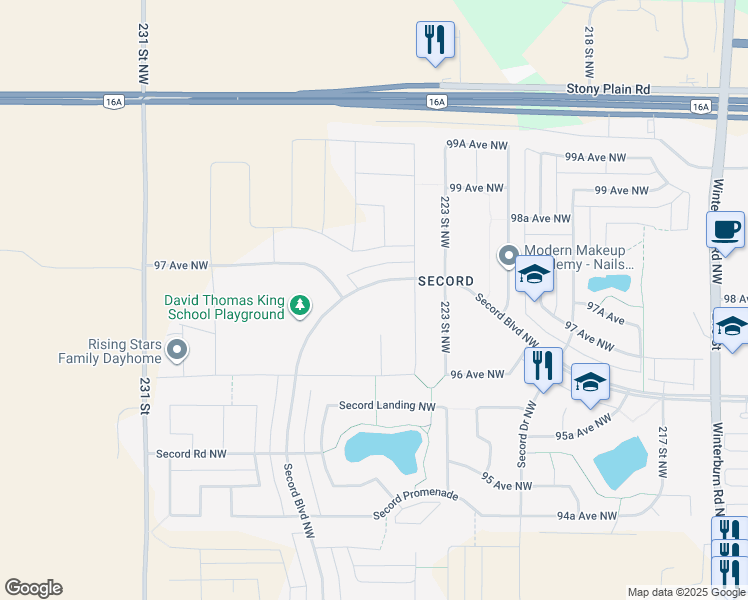 map of restaurants, bars, coffee shops, grocery stores, and more near 22707 97 Avenue Northwest in Edmonton