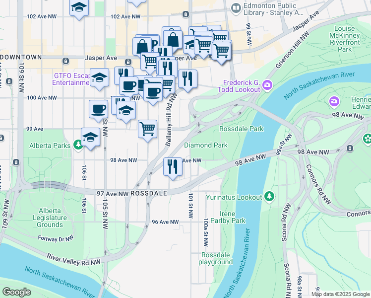 map of restaurants, bars, coffee shops, grocery stores, and more near 9804 101 Street Northwest in Edmonton