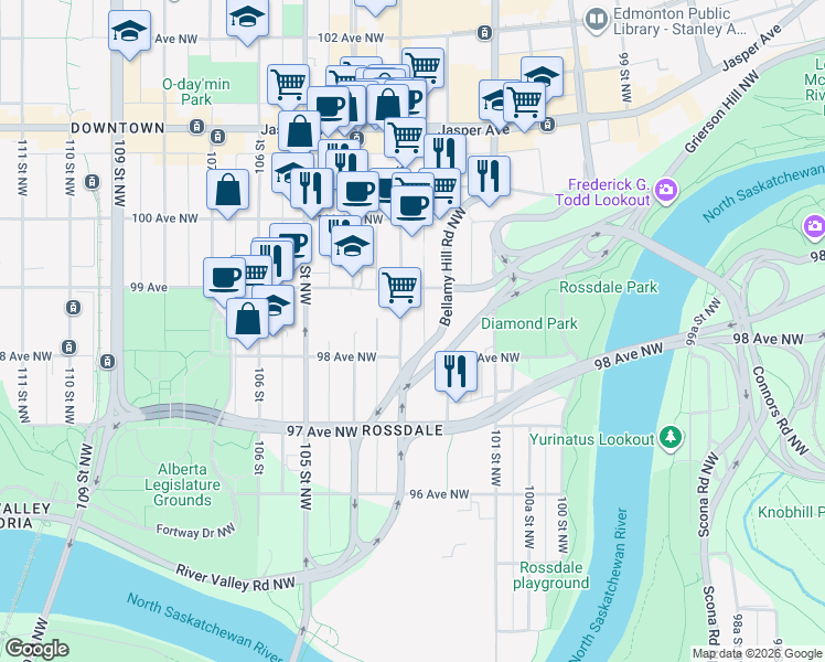map of restaurants, bars, coffee shops, grocery stores, and more near 9825 103 Street Northwest in Edmonton