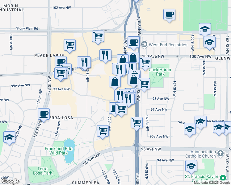 map of restaurants, bars, coffee shops, grocery stores, and more near 17322 99 Avenue Northwest in Edmonton