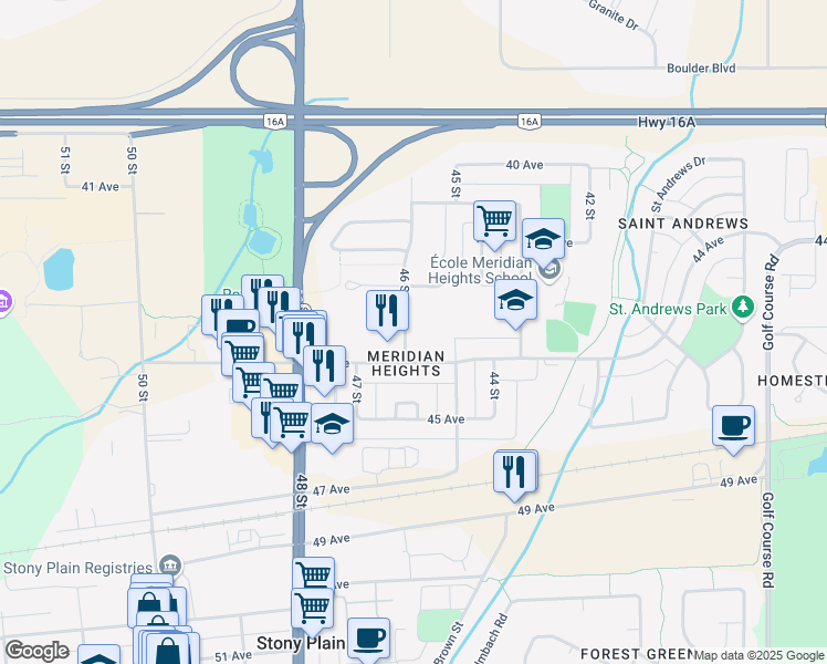 map of restaurants, bars, coffee shops, grocery stores, and more near 4367 46 Street in Stony Plain