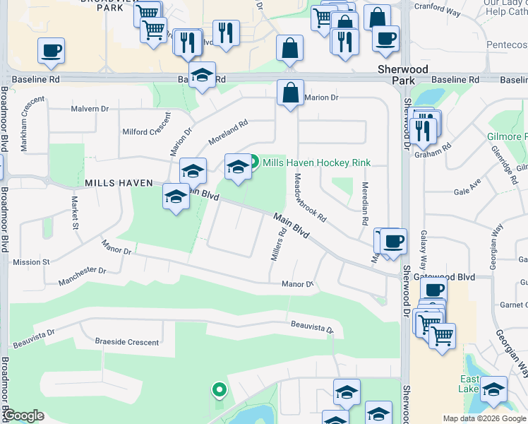 map of restaurants, bars, coffee shops, grocery stores, and more near 83 Main Boulevard in Sherwood Park