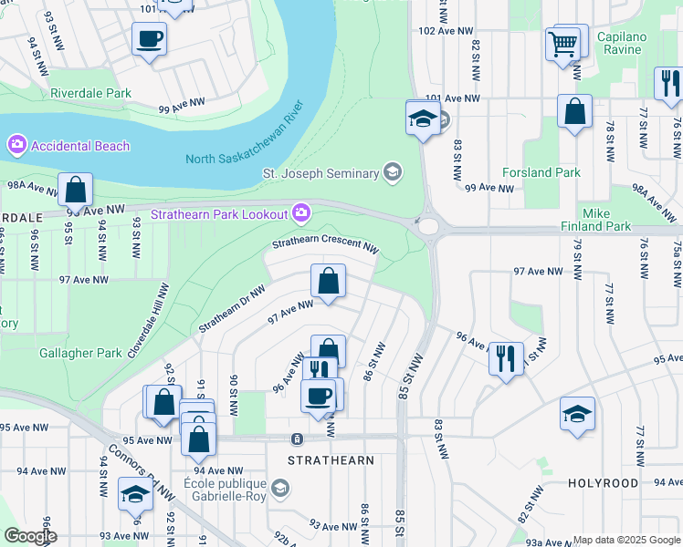 map of restaurants, bars, coffee shops, grocery stores, and more near 8723 Strathearn Drive Northwest in Edmonton