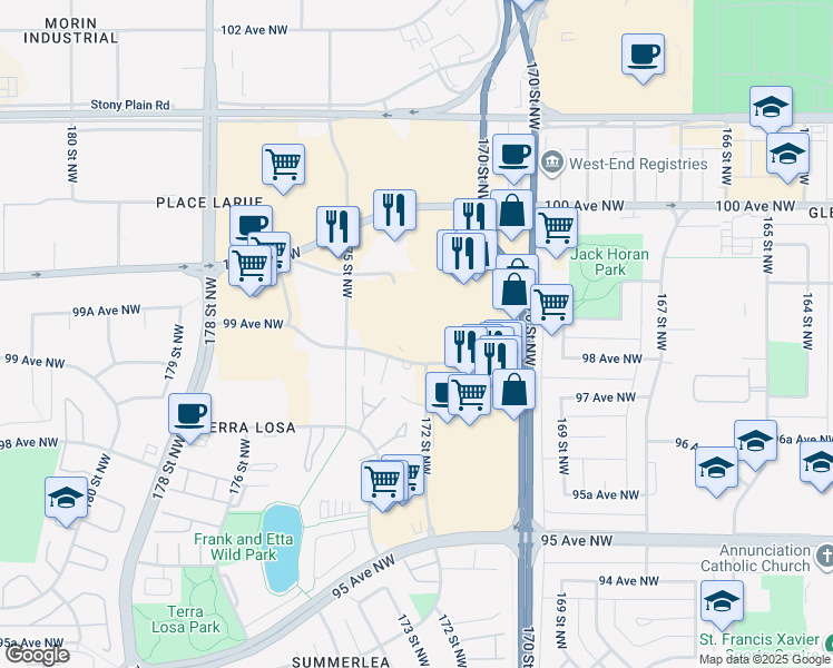 map of restaurants, bars, coffee shops, grocery stores, and more near 17322 99 Avenue Northwest in Edmonton