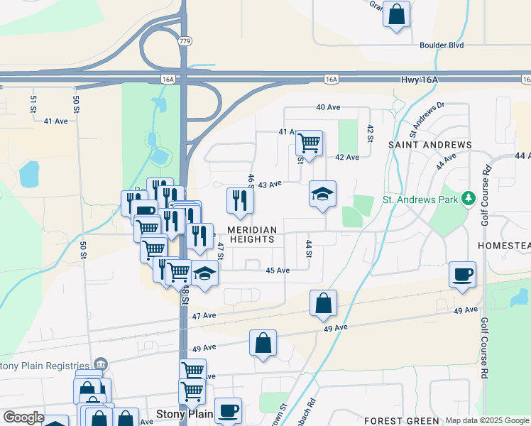 map of restaurants, bars, coffee shops, grocery stores, and more near 4343 46 Street in Stony Plain
