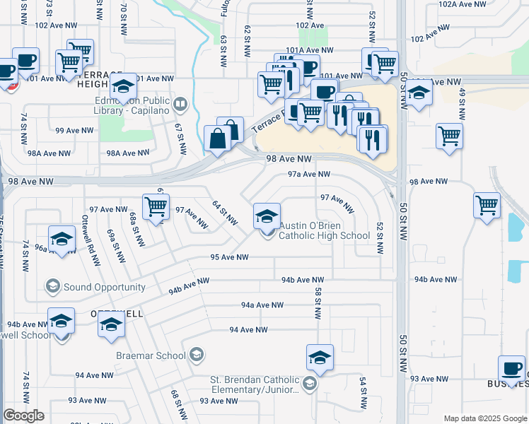 map of restaurants, bars, coffee shops, grocery stores, and more near 9624 Austin O'Brien Road Northwest in Edmonton
