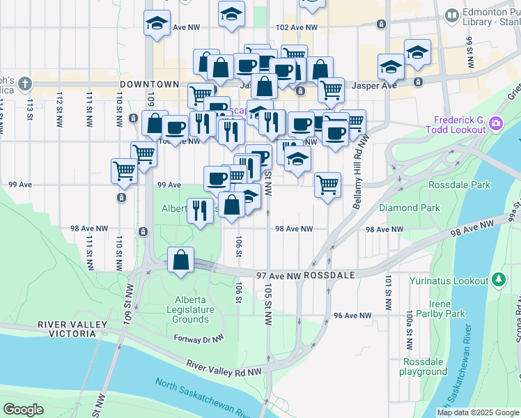 map of restaurants, bars, coffee shops, grocery stores, and more near 9830 105 Street Northwest in Edmonton