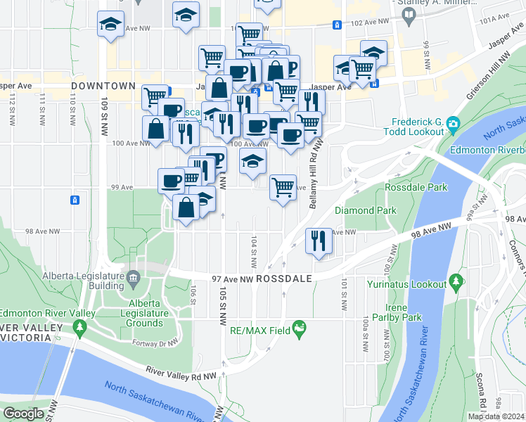 map of restaurants, bars, coffee shops, grocery stores, and more near in Edmonton
