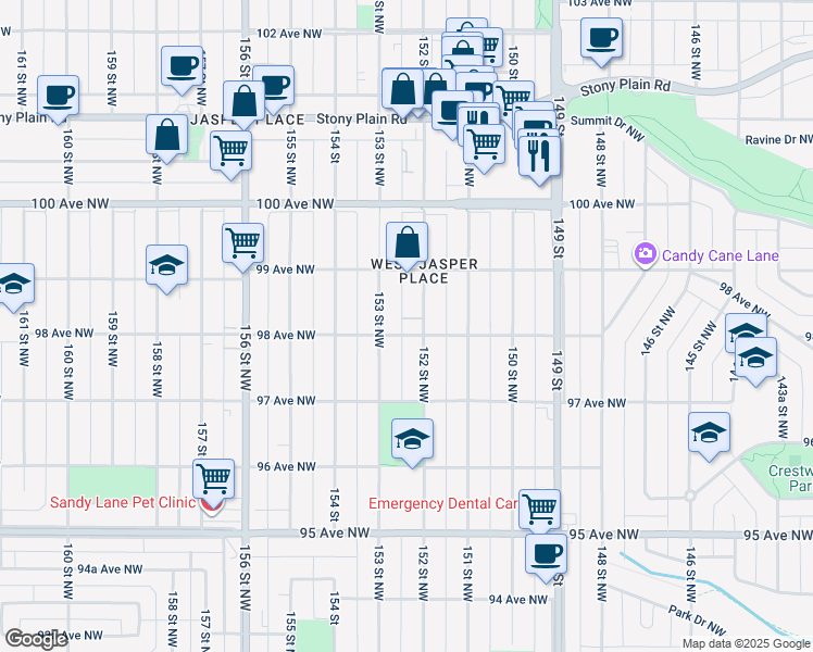 map of restaurants, bars, coffee shops, grocery stores, and more near 9805 153 Street Northwest in Edmonton