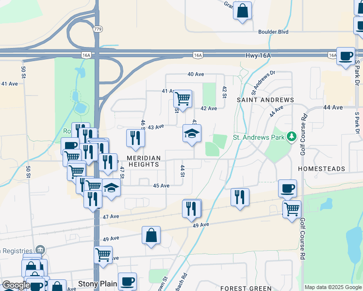 map of restaurants, bars, coffee shops, grocery stores, and more near 4302 C 43 Street in Stony Plain
